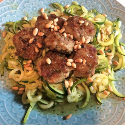 Chicken Pesto Meatballs with Hidden Liver and Zucchini Noodles